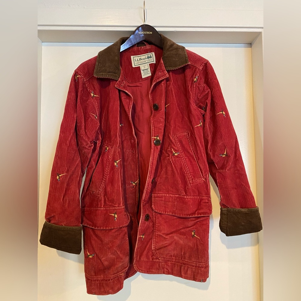 Vintage LL Bean Womens Sz S Pheasant Red Corduroy Jacket Coat Embroidered